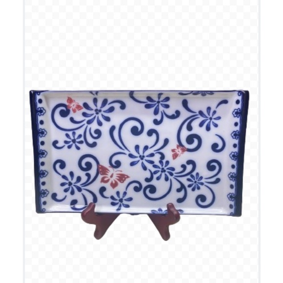 Pier 1 Butterfly Blossom Hand Painted Glass Porcelain Serving Tray Platter - Picture 10 of 11